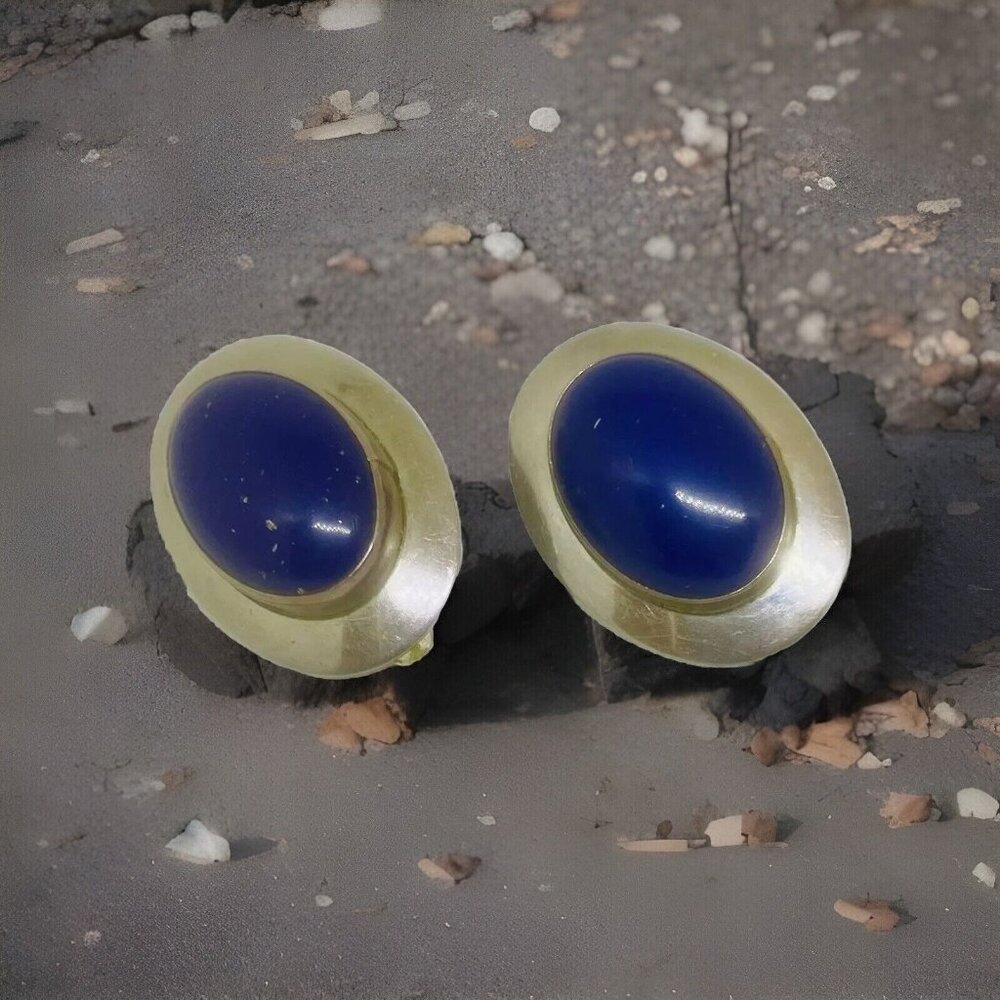 Large Vintage Navajo Signed Ben Chavez Oval Blue Lapis Sterling Silver Earrings
